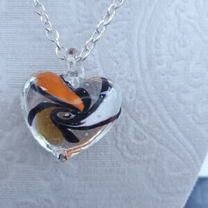 Heart Glass Necklace With Silver Chain Adjustable Earthtone Jewelry